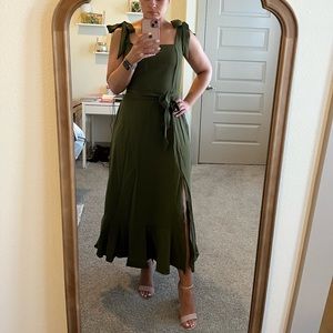 Olive Green Midi Dress with Bow Tie Straps